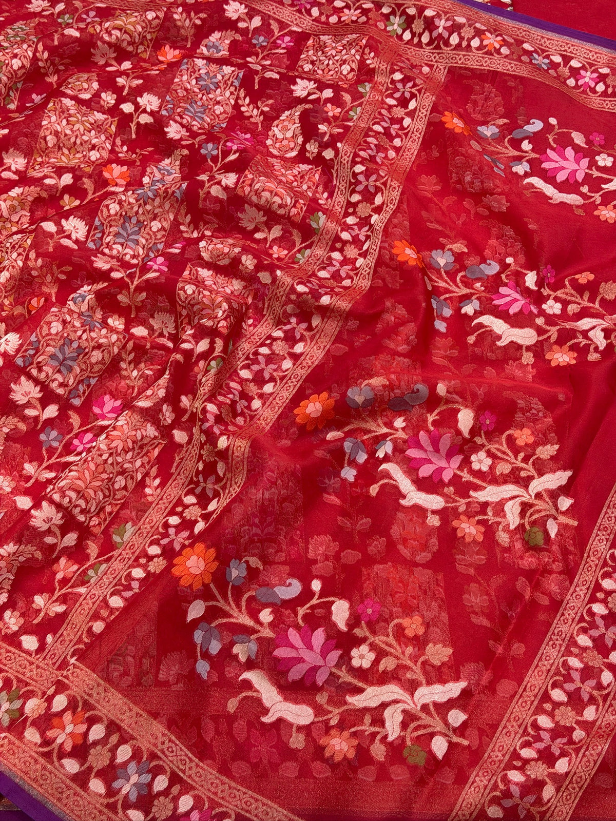 Red  Banarasi Kora Jamdani Silk Handwoven saree
