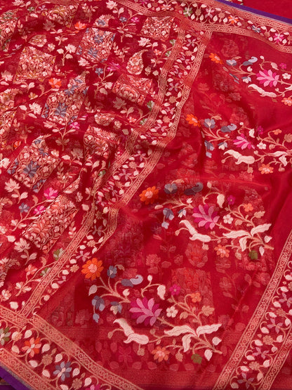 Red  Banarasi Kora Jamdani Silk Handwoven saree