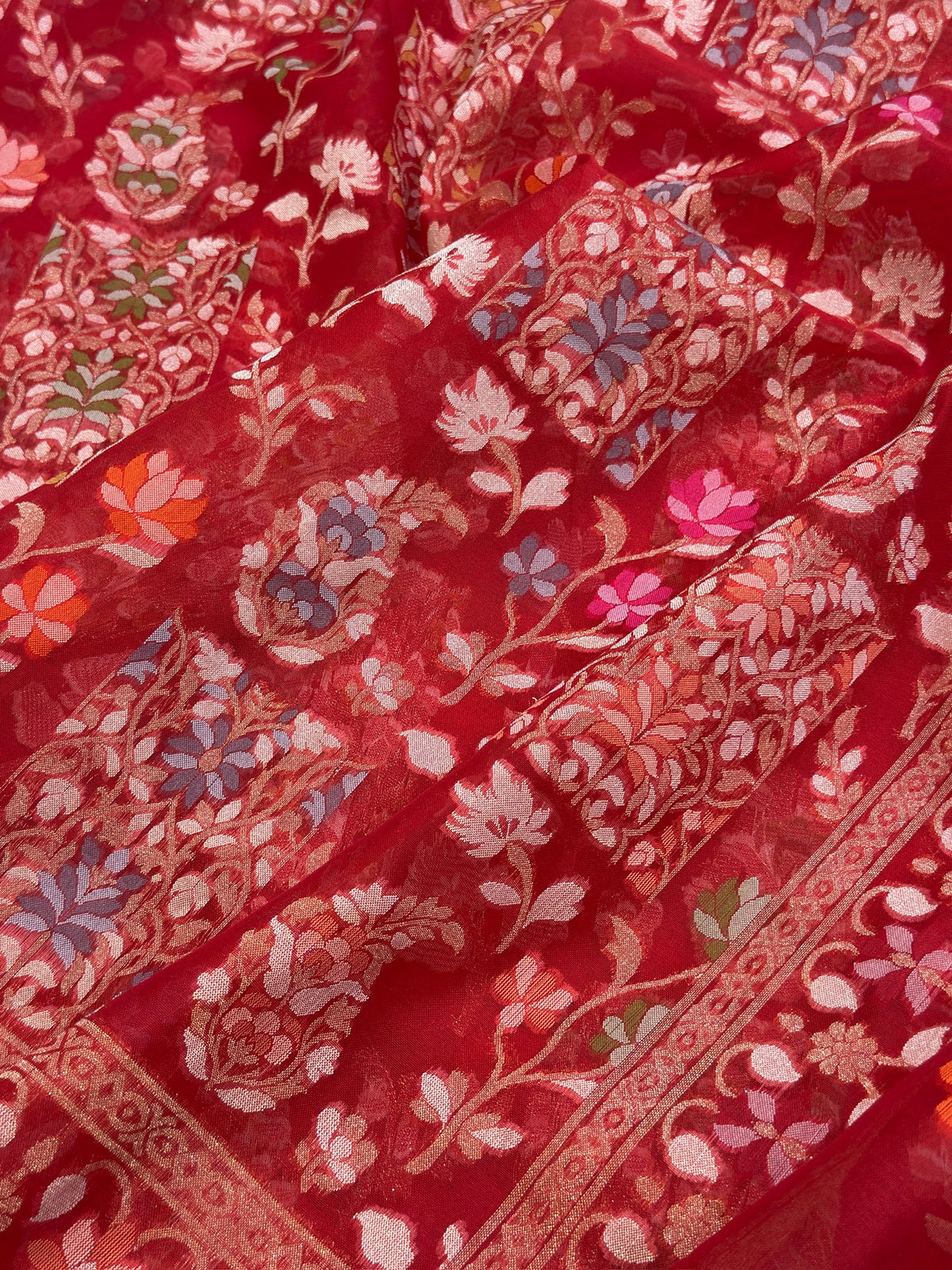 Red  Banarasi Kora Jamdani Silk Handwoven saree