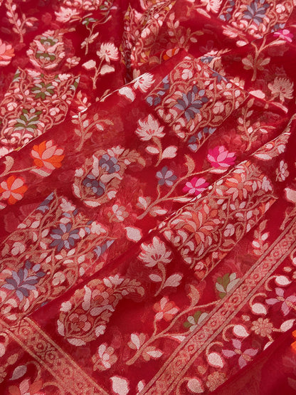 Red  Banarasi Kora Jamdani Silk Handwoven saree