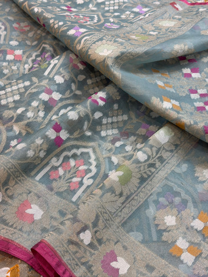 Grey Banarasi Kora Jamdani Silk Handwoven saree