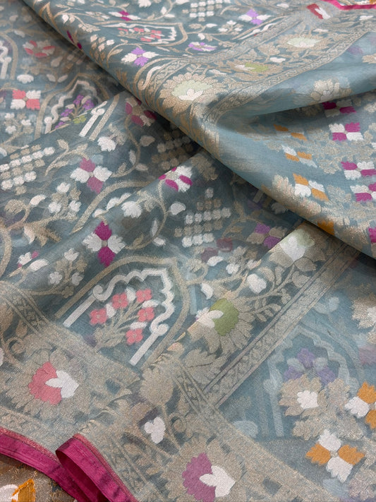 Grey Banarasi Kora Jamdani Silk Handwoven saree