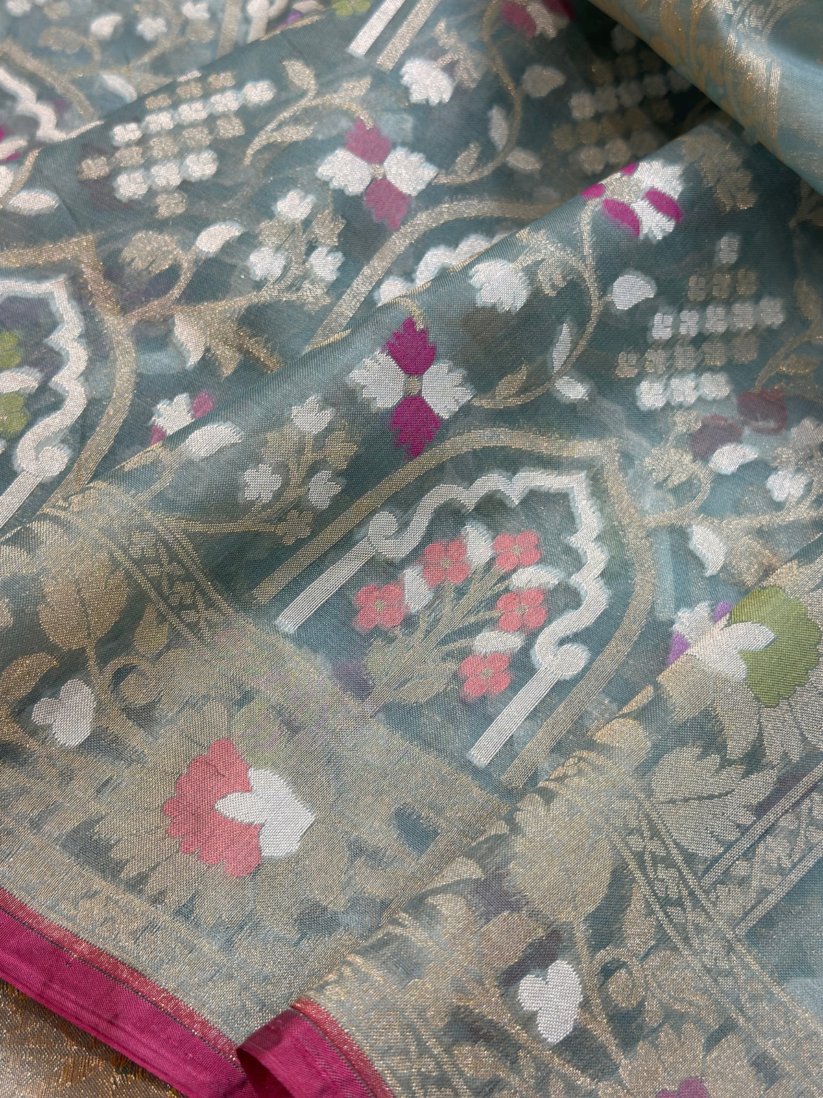 Grey Banarasi Kora Jamdani Silk Handwoven saree