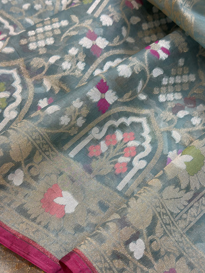 Grey Banarasi Kora Jamdani Silk Handwoven saree