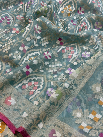 Grey Banarasi Kora Jamdani Silk Handwoven saree
