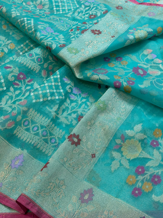 Sea Blue Banarasi Kora Jamdani Silk Handwoven saree