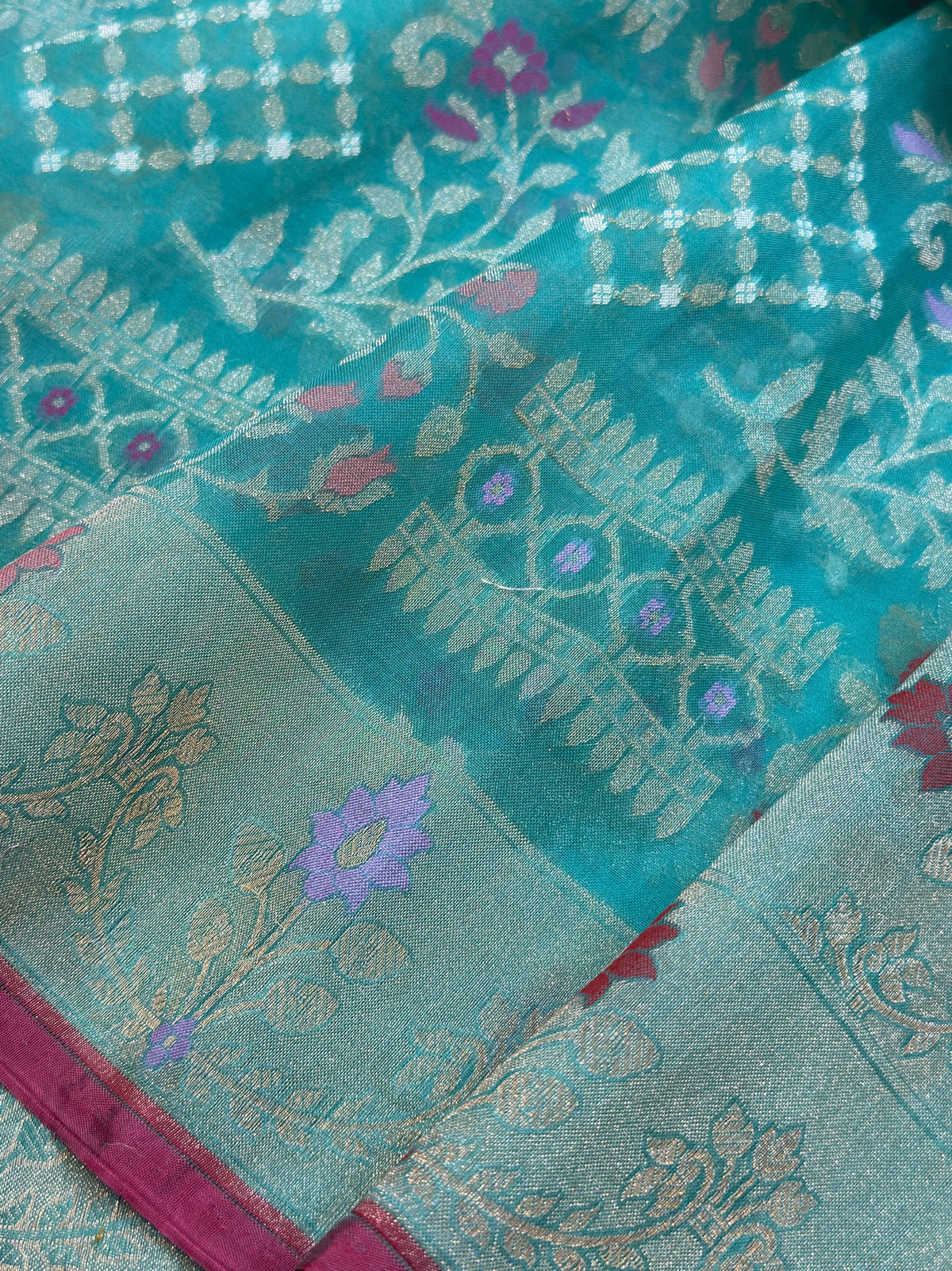 Sea Blue Banarasi Kora Jamdani Silk Handwoven saree