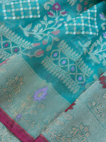 Sea Blue Banarasi Kora Jamdani Silk Handwoven saree
