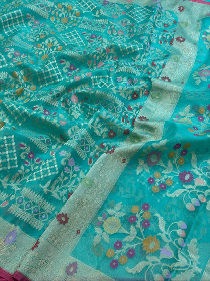 Sea Blue Banarasi Kora Jamdani Silk Handwoven saree