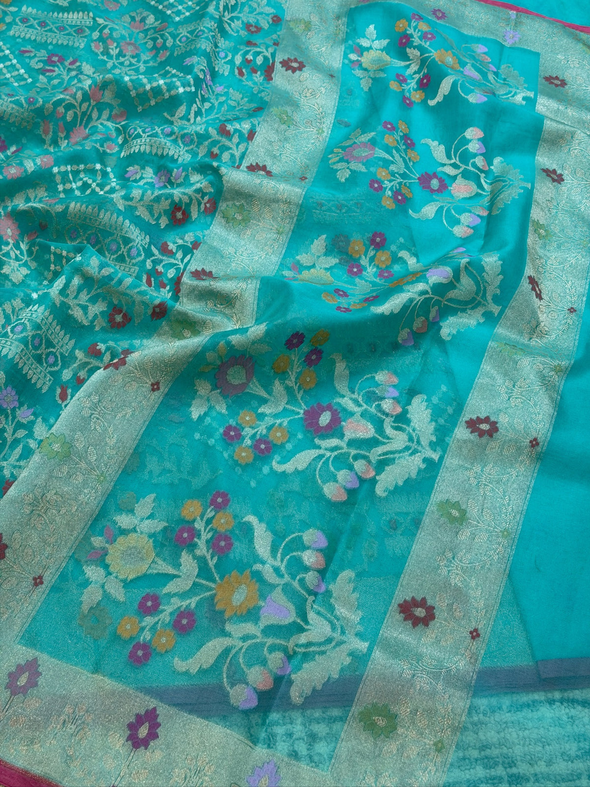 Sea Blue Banarasi Kora Jamdani Silk Handwoven saree