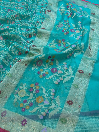 Sea Blue Banarasi Kora Jamdani Silk Handwoven saree