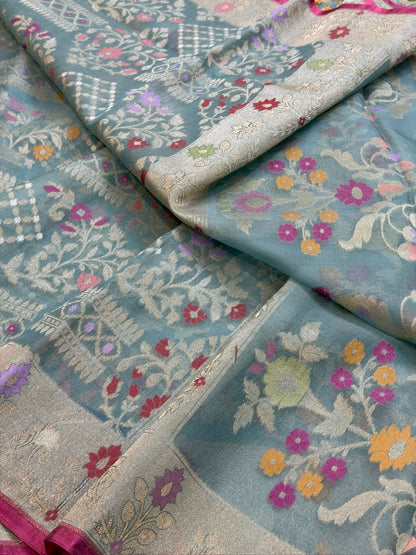Grey Banarasi Kora Jamdani Silk Handwoven saree
