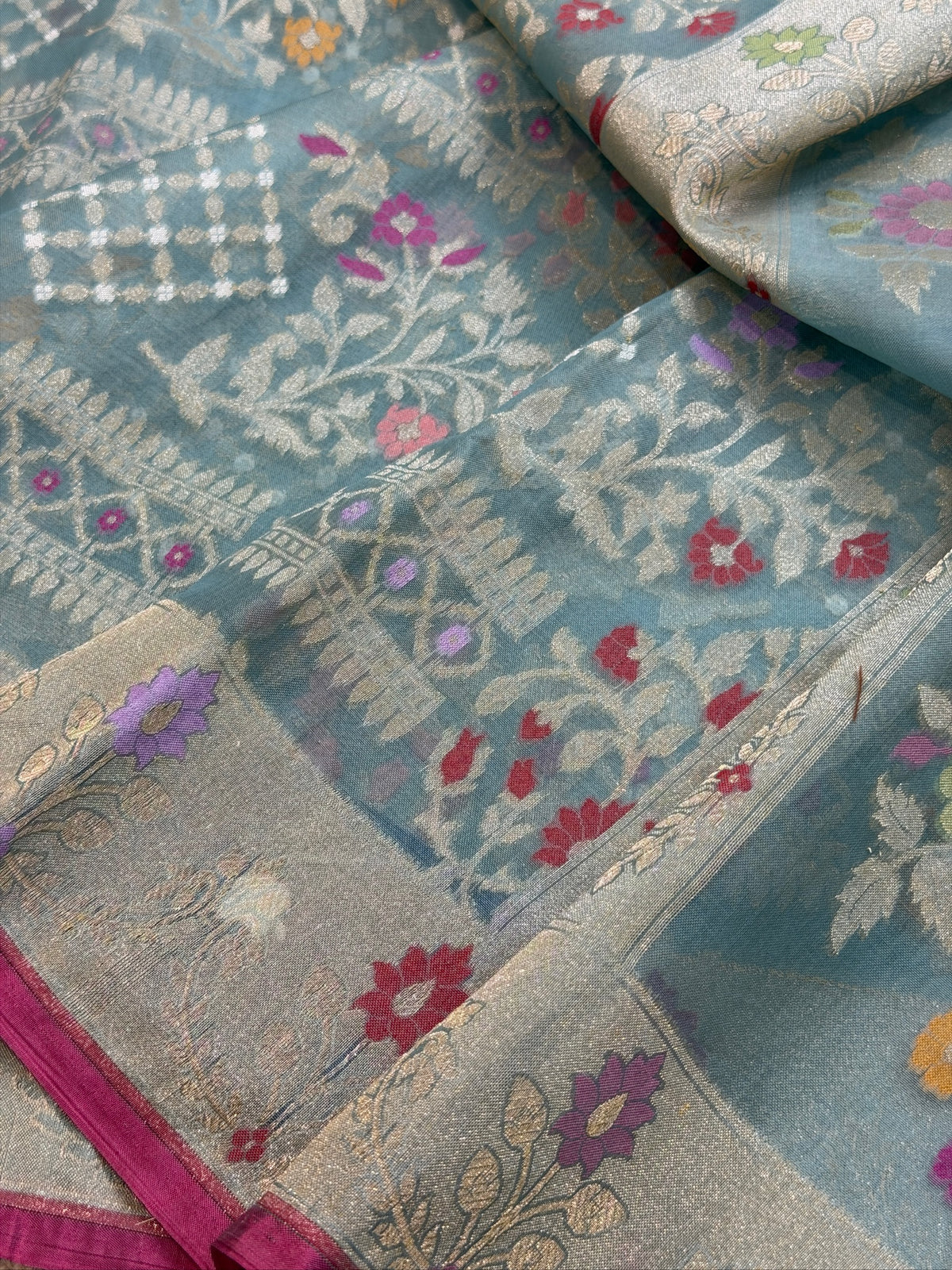 Grey Banarasi Kora Jamdani Silk Handwoven saree