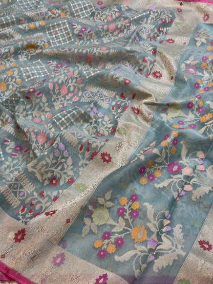 Grey Banarasi Kora Jamdani Silk Handwoven saree