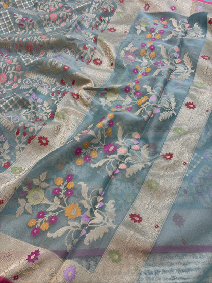 Grey Banarasi Kora Jamdani Silk Handwoven saree