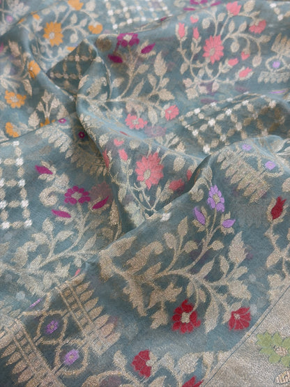 Grey Banarasi Kora Jamdani Silk Handwoven saree