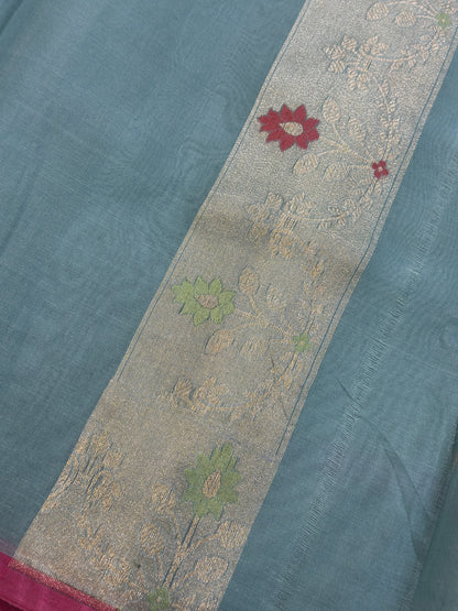 Grey Banarasi Kora Jamdani Silk Handwoven saree