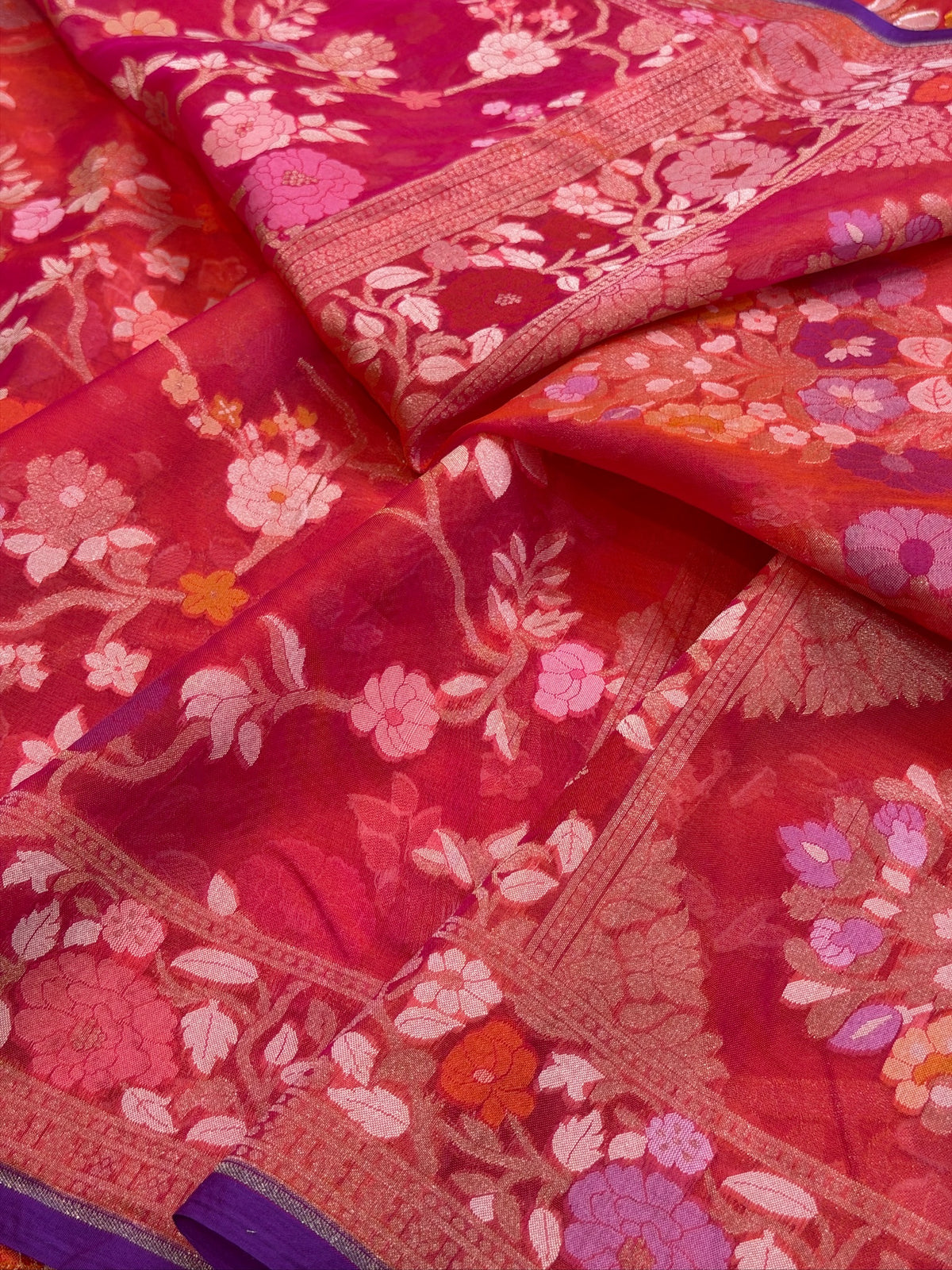 Rani Pink   Banarasi Kora Jamdani Silk Handwoven saree