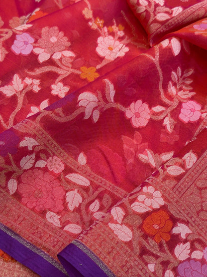 Rani Pink   Banarasi Kora Jamdani Silk Handwoven saree