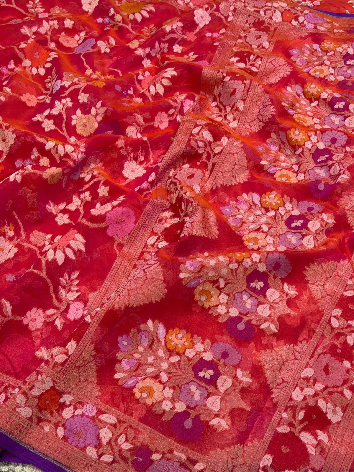 Rani Pink   Banarasi Kora Jamdani Silk Handwoven saree