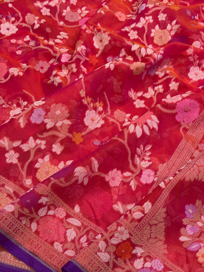 Rani Pink   Banarasi Kora Jamdani Silk Handwoven saree