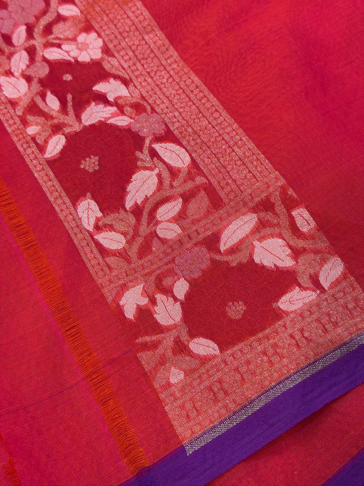Rani Pink   Banarasi Kora Jamdani Silk Handwoven saree