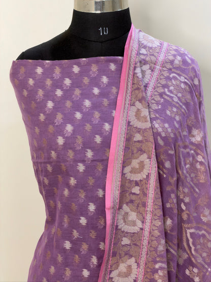 Lavender Pure Cotton Jamdani Silk  Suit Set with Dupatta