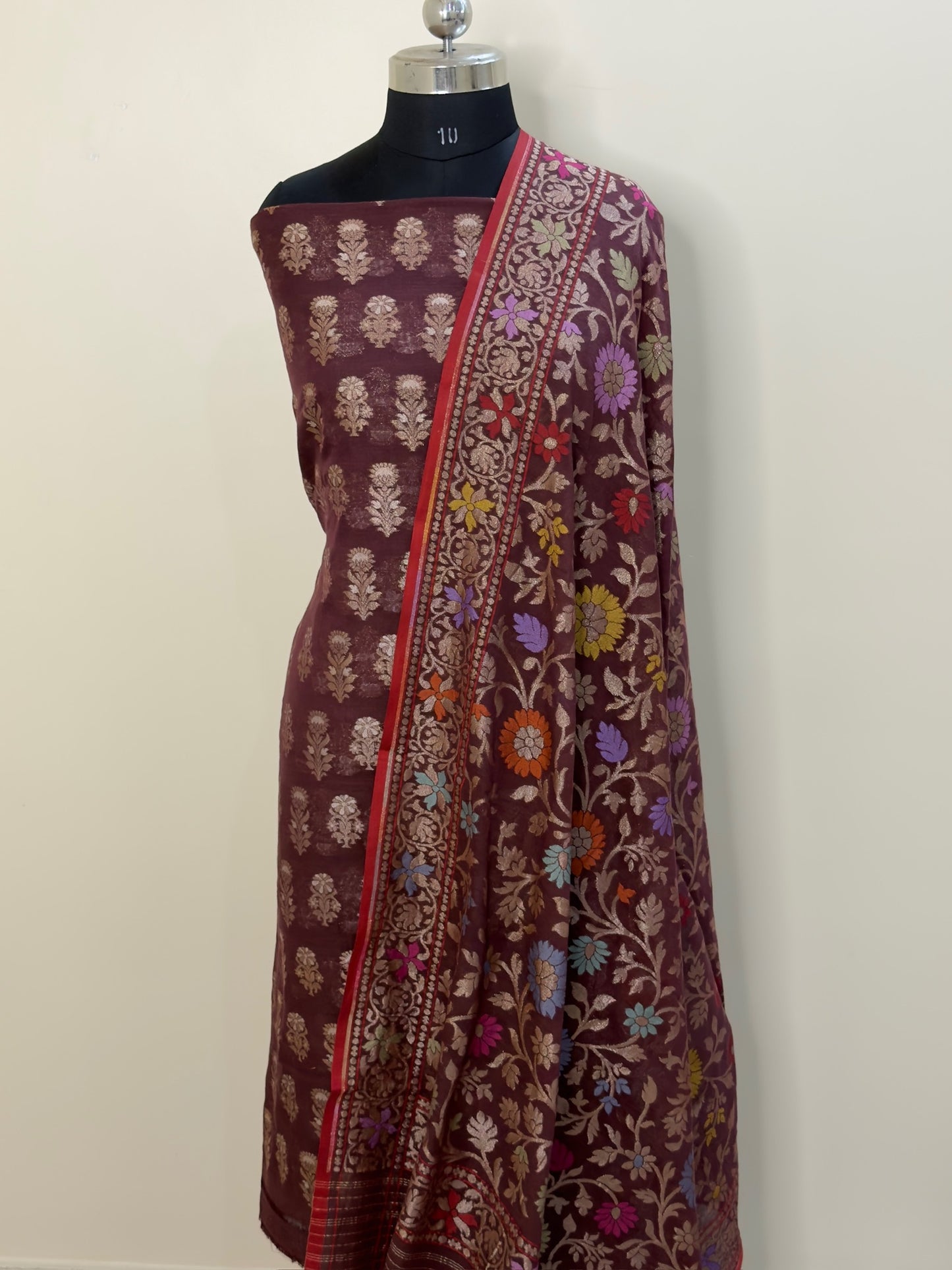 Brown Pure Cotton Jamdani Silk  Suit Set with Dupatta