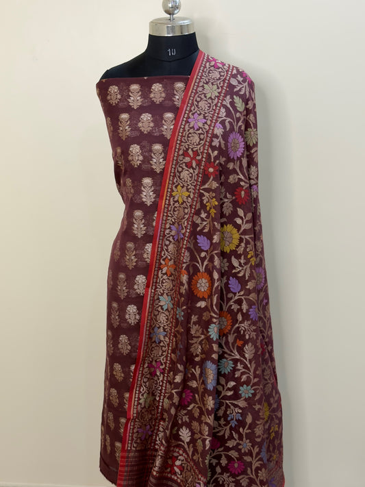 Brown Pure Cotton Jamdani Silk  Suit Set with Dupatta