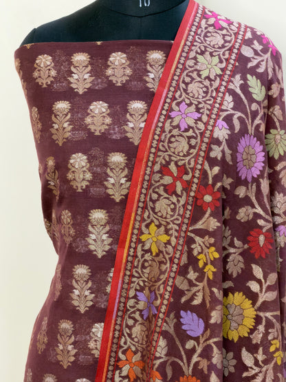 Brown Pure Cotton Jamdani Silk  Suit Set with Dupatta