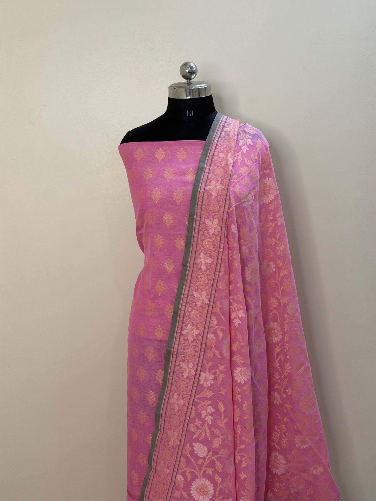 Pink Pure Cotton Jamdani Silk  Suit Set with Dupatta