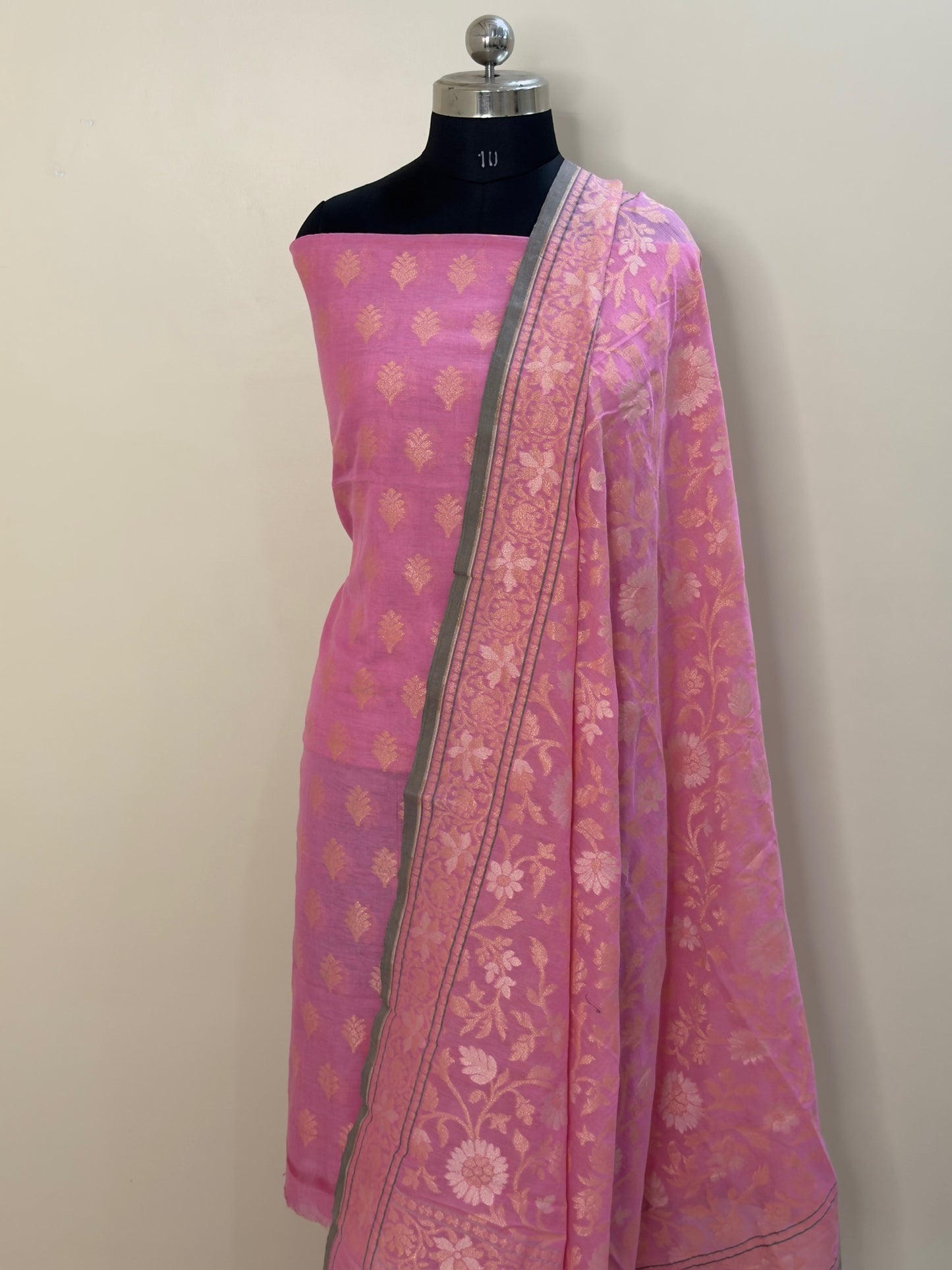 Pink Pure Cotton Jamdani Silk  Suit Set with Dupatta
