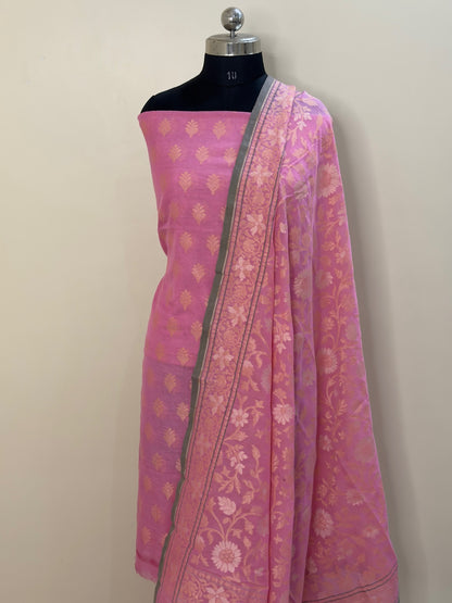 Pink Pure Cotton Jamdani Silk  Suit Set with Dupatta