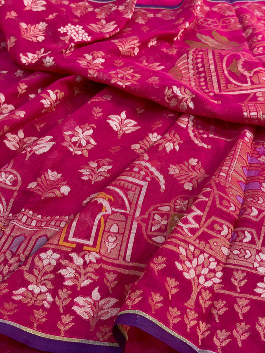 Apple Pink Pure Muslin Cotton Jamdani Silk Saree