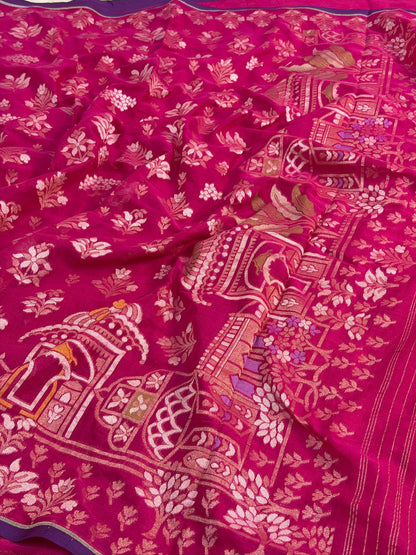 Apple Pink Pure Muslin Cotton Jamdani Silk Saree