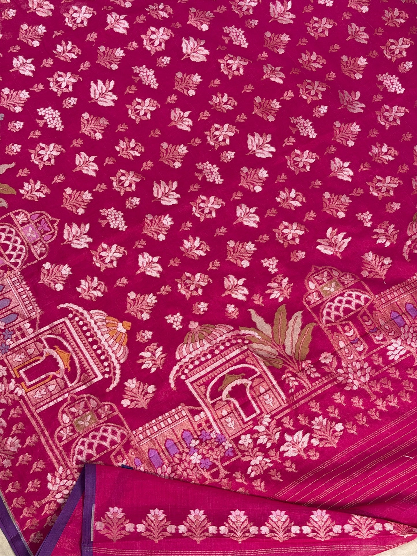 Apple Pink Pure Muslin Cotton Jamdani Silk Saree