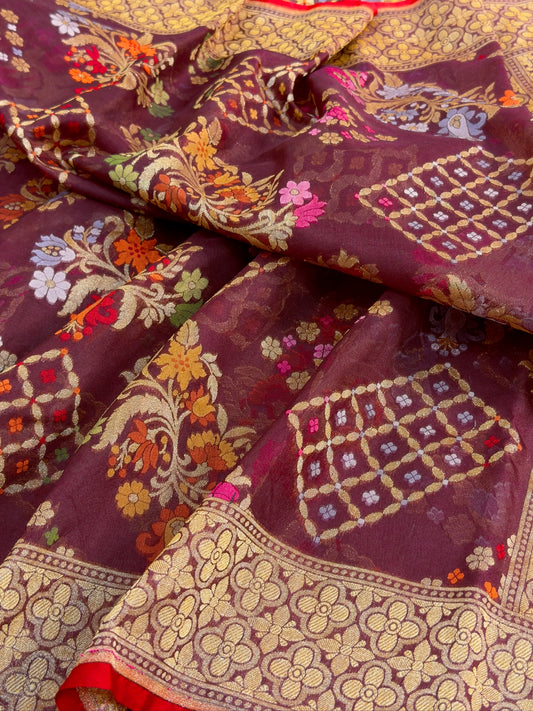 Coffee Brown Banarasi Kora Jamdani Silk Handwoven Saree