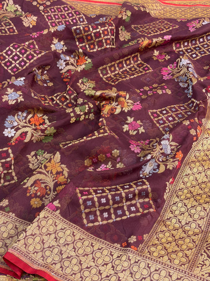 Coffee Brown Banarasi Kora Jamdani Silk Handwoven Saree