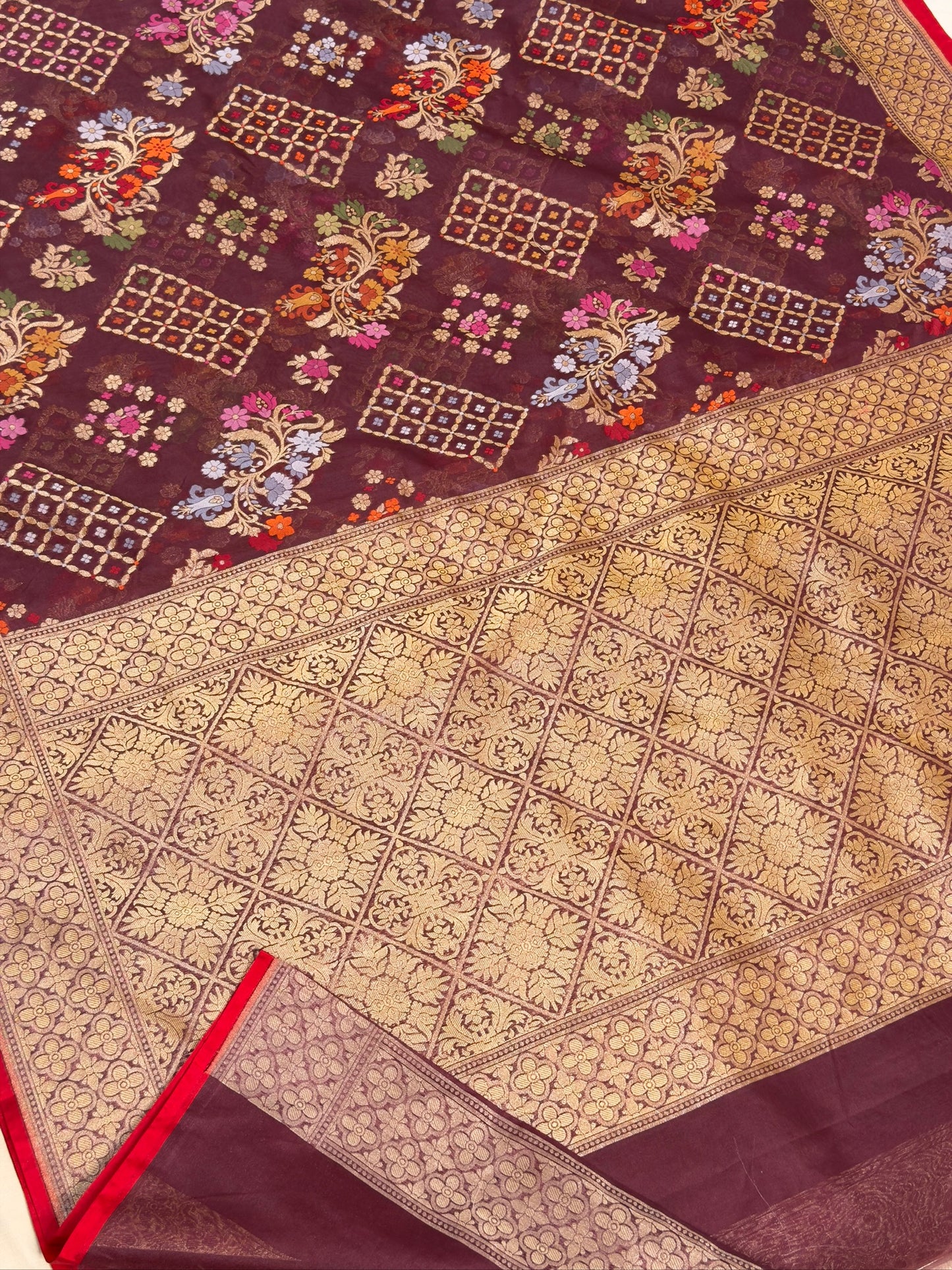 Coffee Brown Banarasi Kora Jamdani Silk Handwoven Saree