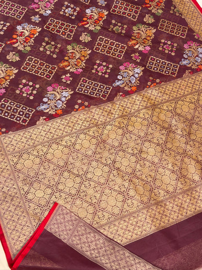 Coffee Brown Banarasi Kora Jamdani Silk Handwoven Saree