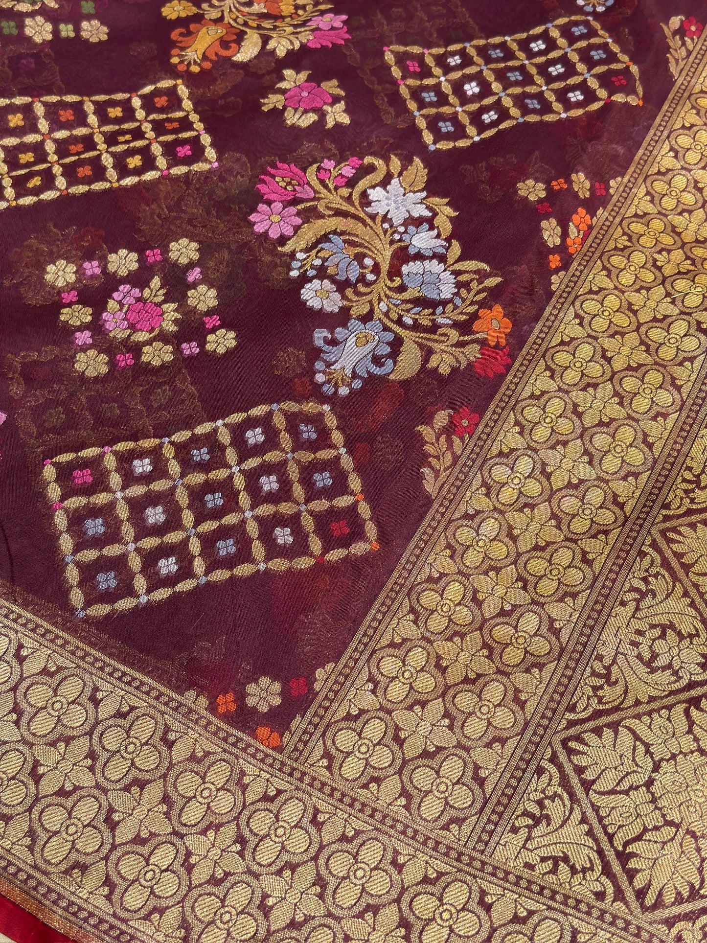 Coffee Brown Banarasi Kora Jamdani Silk Handwoven Saree