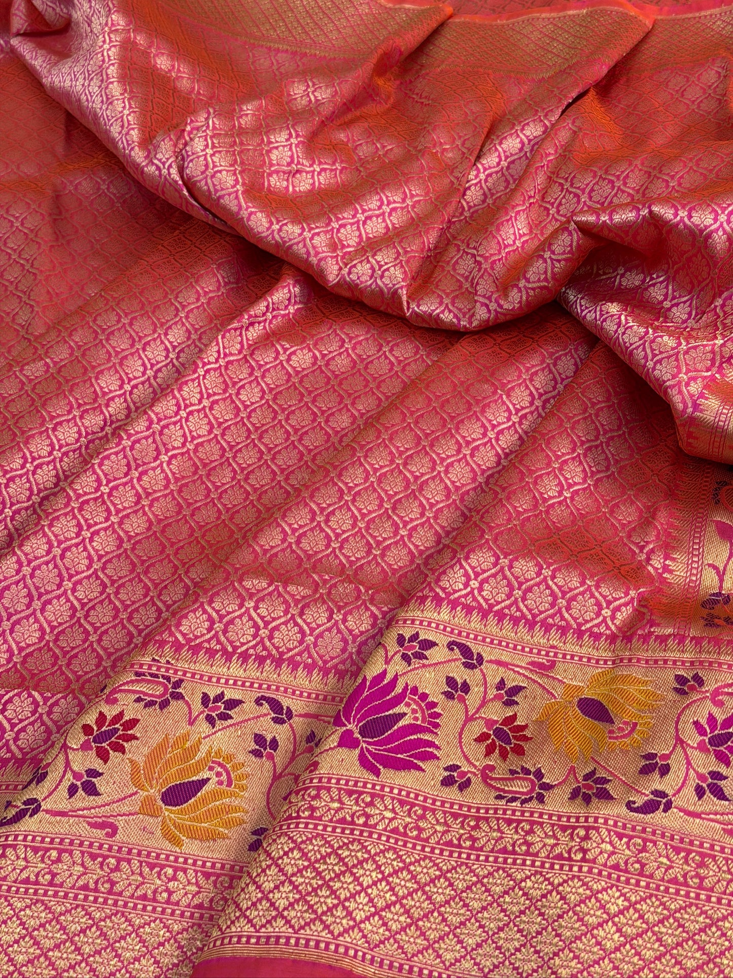 Rani Pink Pure Katan Silk Tanchoi Handwoven Saree
