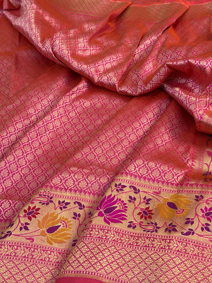 Rani Pink Pure Katan Silk Tanchoi Handwoven Saree