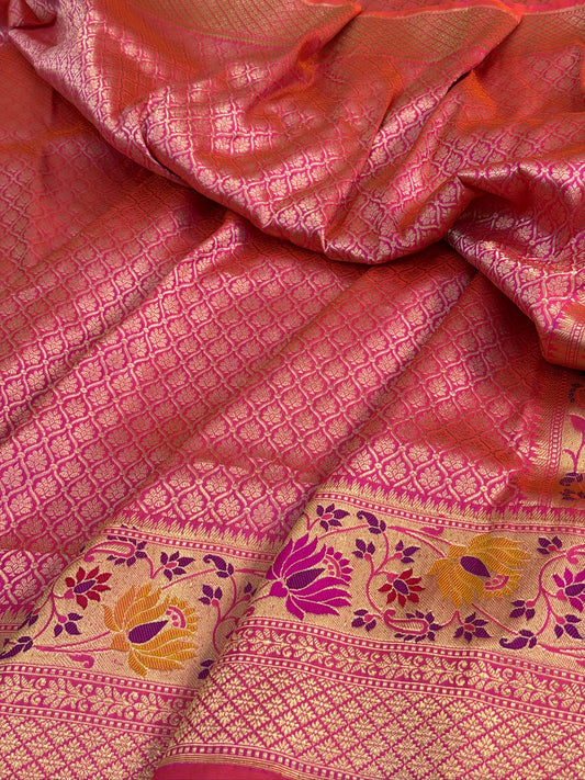 Rani Pink Pure Katan Silk Tanchoi Handwoven Saree