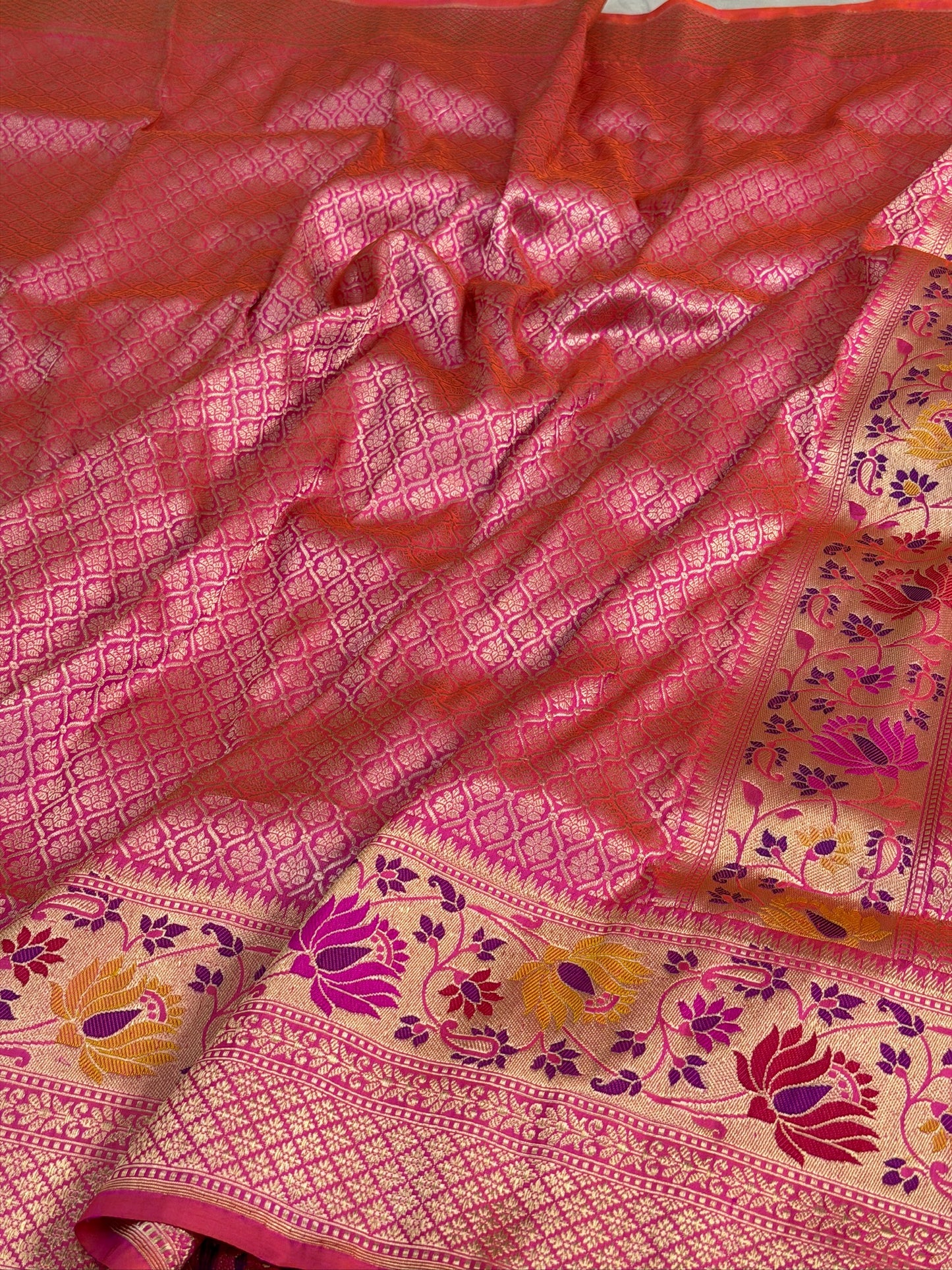 Rani Pink Pure Katan Silk Tanchoi Handwoven Saree