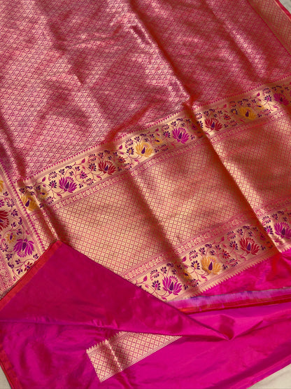 Rani Pink Pure Katan Silk Tanchoi Handwoven Saree