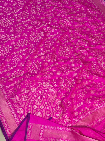 Hot Pink Pure Banarasi Ektara Jamdani Silk Handwoven Saree