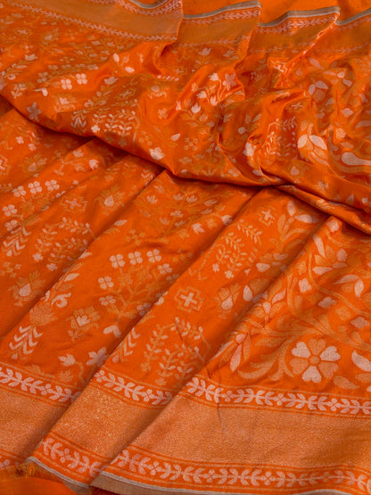 Orange Pure Banarasi Ektara Jamdani Silk Handwoven Saree