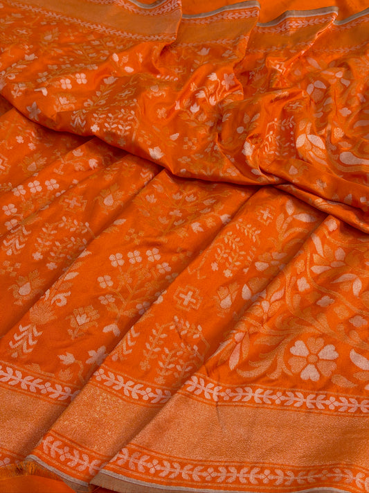 Orange Pure Banarasi Ektara Jamdani Silk Handwoven Saree