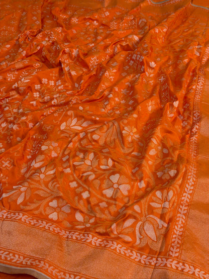 Orange Pure Banarasi Ektara Jamdani Silk Handwoven Saree
